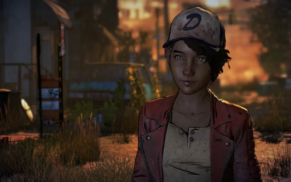 HD desktop wallpaper of Clementine from The Walking Dead: A New Frontier video game, set against a post-apocalyptic landscape with warm, muted colors in the background.