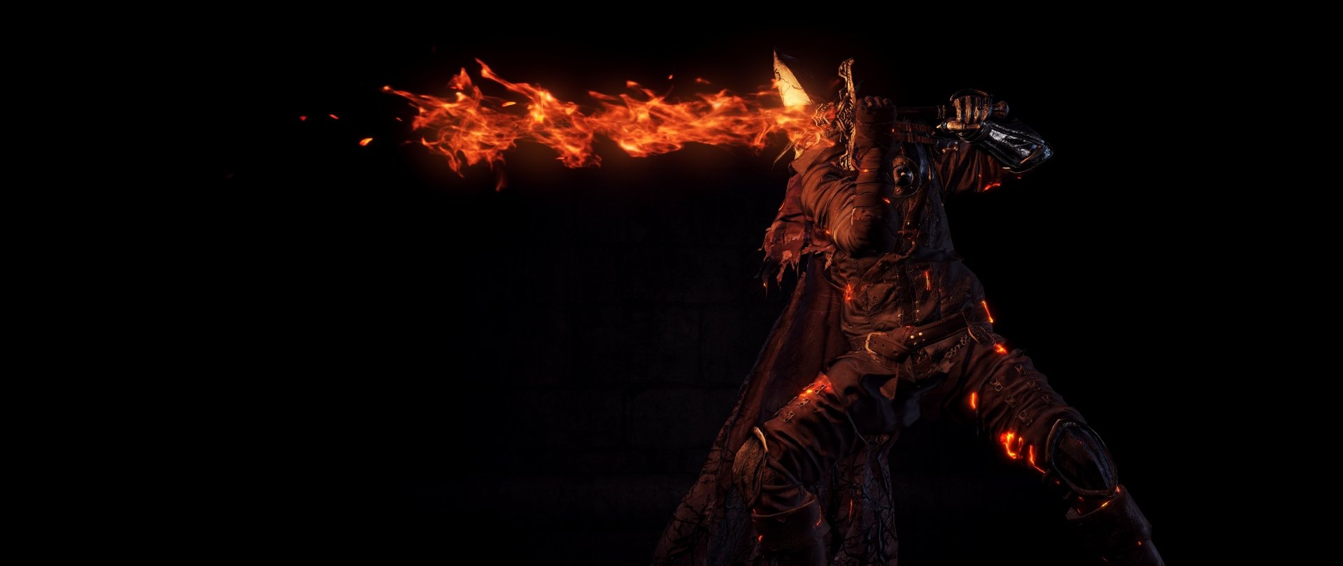 HD PC desktop wallpaper from Dark Souls III featuring a warrior in fiery armor wielding a flaming sword against a dark background.