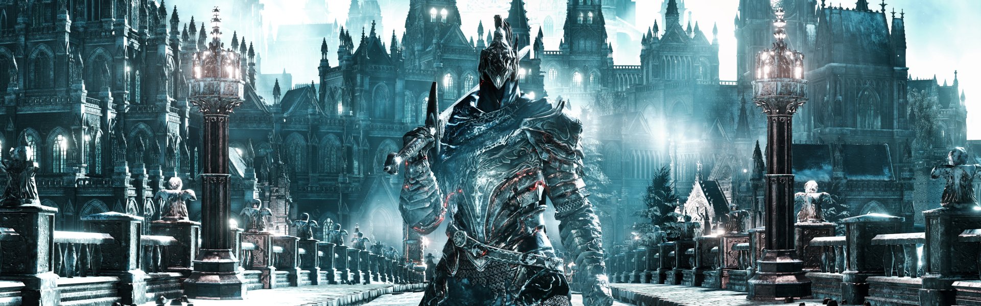 HD desktop wallpaper and background from Dark Souls III, featuring a detailed armored character standing in a gothic castle environment.