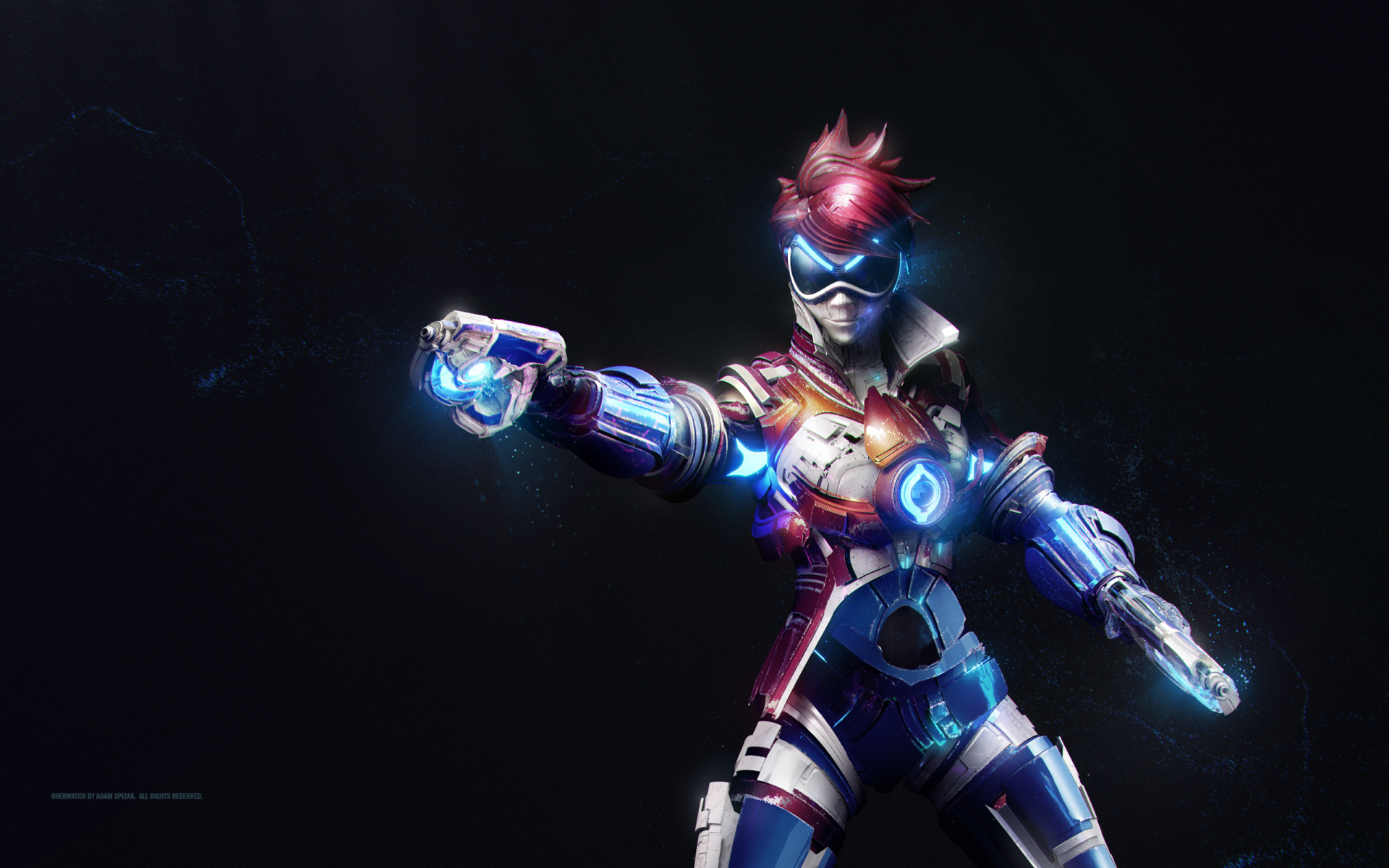 HD desktop wallpaper of Tracer from the video game Overwatch, featuring her in a dynamic pose with glowing accents against a dark background.