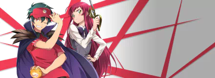 HD anime desktop wallpaper featuring Emi Yusa and Sadao Maou from The Devil Is a Part-Timer! with a dynamic red and white geometric background.