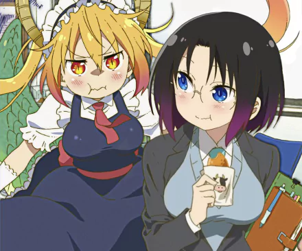 HD PC desktop wallpaper featuring Tohru and Elma from the anime Miss Kobayashi's Dragon Maid, capturing their playful expressions and vibrant character designs.