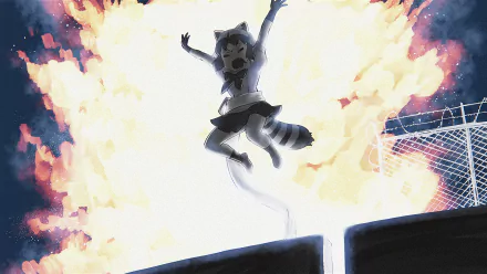 Anime HD PC desktop wallpaper of Raccoon (Kemono Friends) leaping from a wall into an explosion-lit sky, energetic, stylized Kemono Friends background.