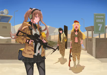 HD PC desktop wallpaper featuring UMP9, M4A1, and AK-47 characters from the video game Girls Frontline in military attire at a staging area.
