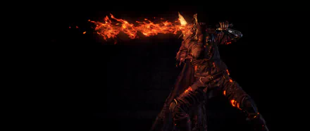 HD PC desktop wallpaper from Dark Souls III featuring a warrior in fiery armor wielding a flaming sword against a dark background.