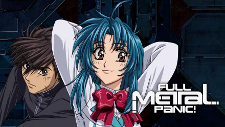 HD anime wallpaper featuring Sousuke Sagara and Kaname Chidori from Full Metal Panic!, with dynamic poses and the series logo on a dark, futuristic background.