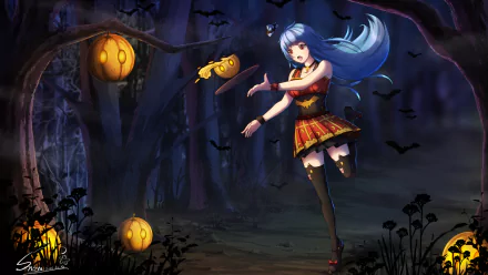 Quincy (Warship Girls) anime: blue‑haired girl in a red‑gold dress dances in a moonlit haunted forest with glowing jack‑o'‑lanterns, bats and a hovering yellow drone — 4K Ultra HD PC desktop wallpaper/background.