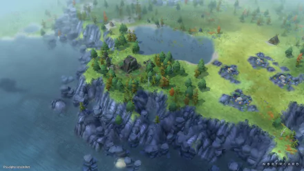 HD desktop wallpaper featuring a scenic landscape from the game Northgard with lush forests and rugged cliffs.