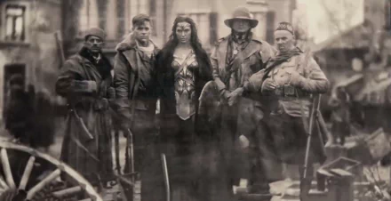 HD desktop wallpaper featuring characters from the movie Wonder Woman, with Gal Gadot and Chris Pine. The image shows them standing together, evoking a vintage photograph style.
