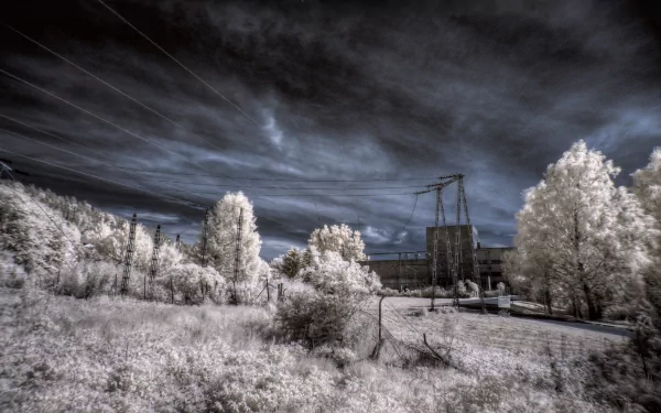 A serene winter landscape featuring a factory amongst snow-covered trees, under a dramatic sky with electric lines, captured in striking HD quality.