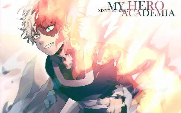 HD desktop wallpaper featuring Shoto Todoroki from the anime My Hero Academia, with a striking blend of ice and fire powers.
