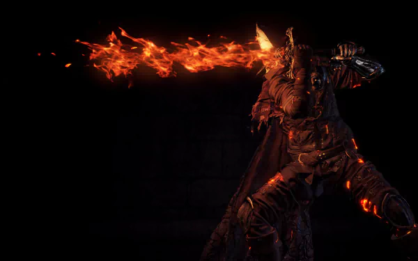 HD PC desktop wallpaper from Dark Souls III featuring a warrior in fiery armor wielding a flaming sword against a dark background.