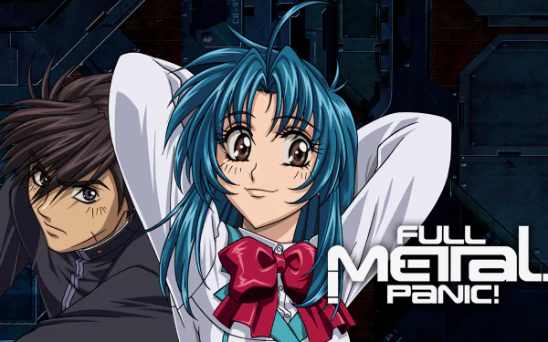 HD anime wallpaper featuring Sousuke Sagara and Kaname Chidori from Full Metal Panic!, with dynamic poses and the series logo on a dark, futuristic background.