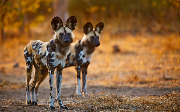 HD PC desktop wallpaper: two African painted wolves (wild dogs) standing on a sunlit savanna.