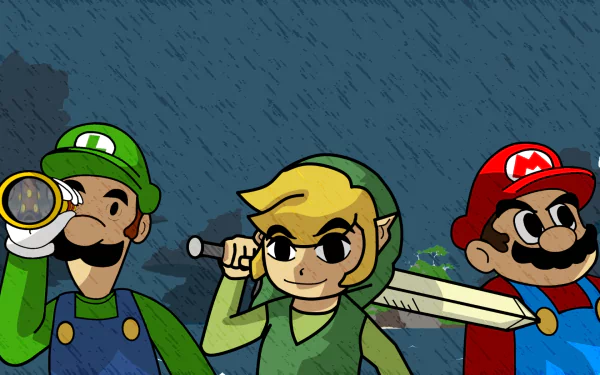 HD PC desktop wallpaper featuring Luigi, Link from The Legend of Zelda: The Wind Waker, and Mario in a vibrant Nintendo video game crossover scene.