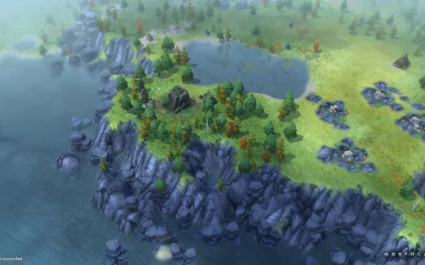 HD desktop wallpaper featuring a scenic landscape from the game Northgard with lush forests and rugged cliffs.