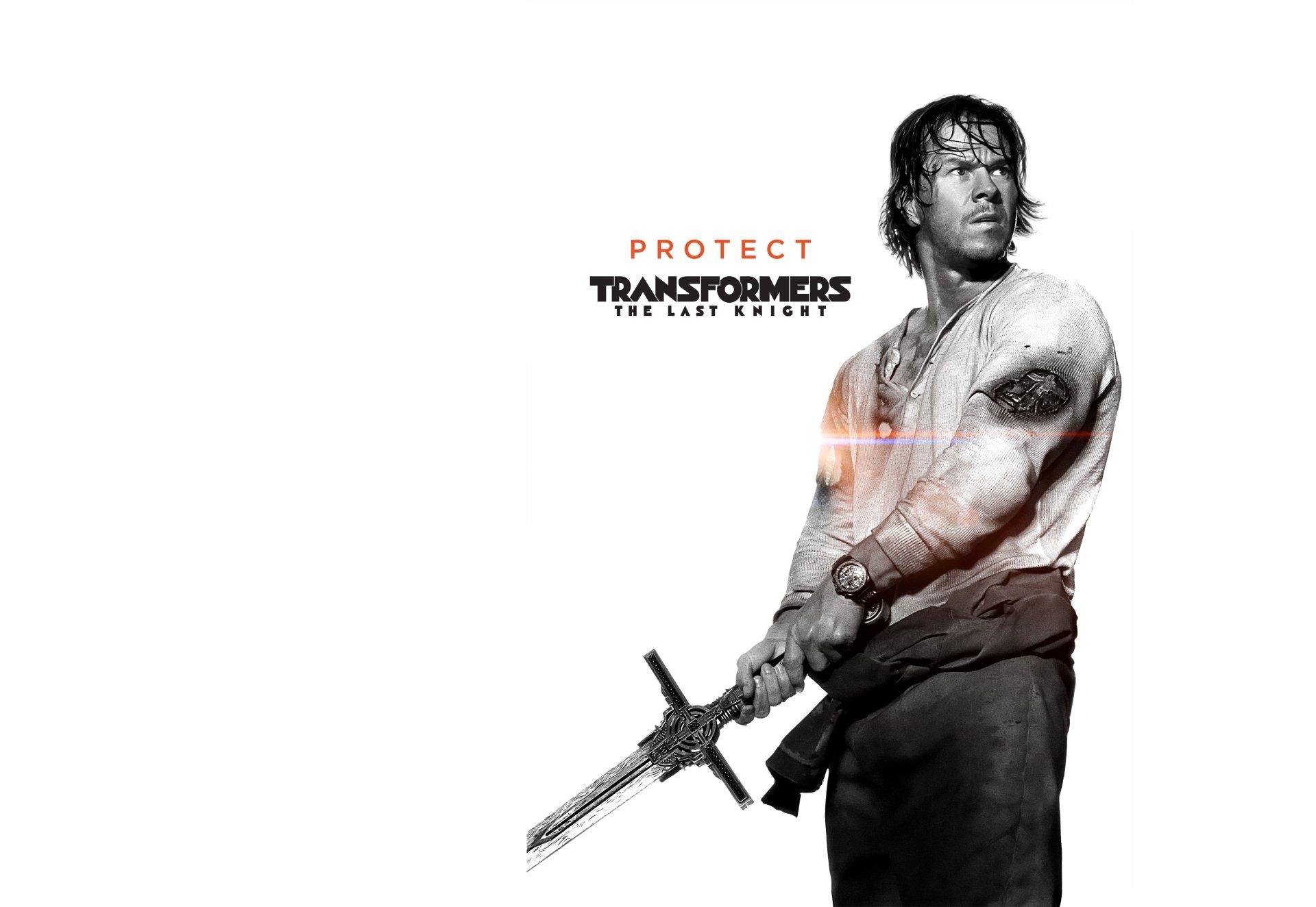 4K Ultra HD desktop wallpaper and background: gritty black-and-white image of a man gripping a sword, overlaid with Protect and the movie title Transformers: The Last Knight.