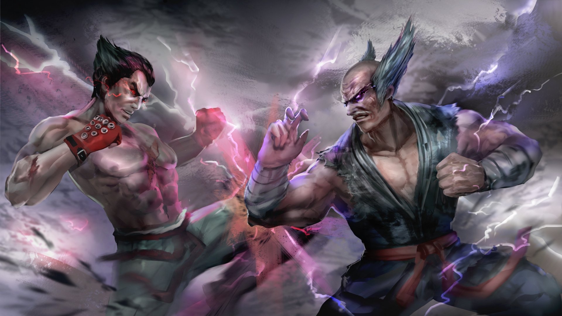 HD PC desktop wallpaper featuring Heihachi Mishima and Kazuya Mishima from the video game Tekken 7 in a dynamic, electrified battle pose.