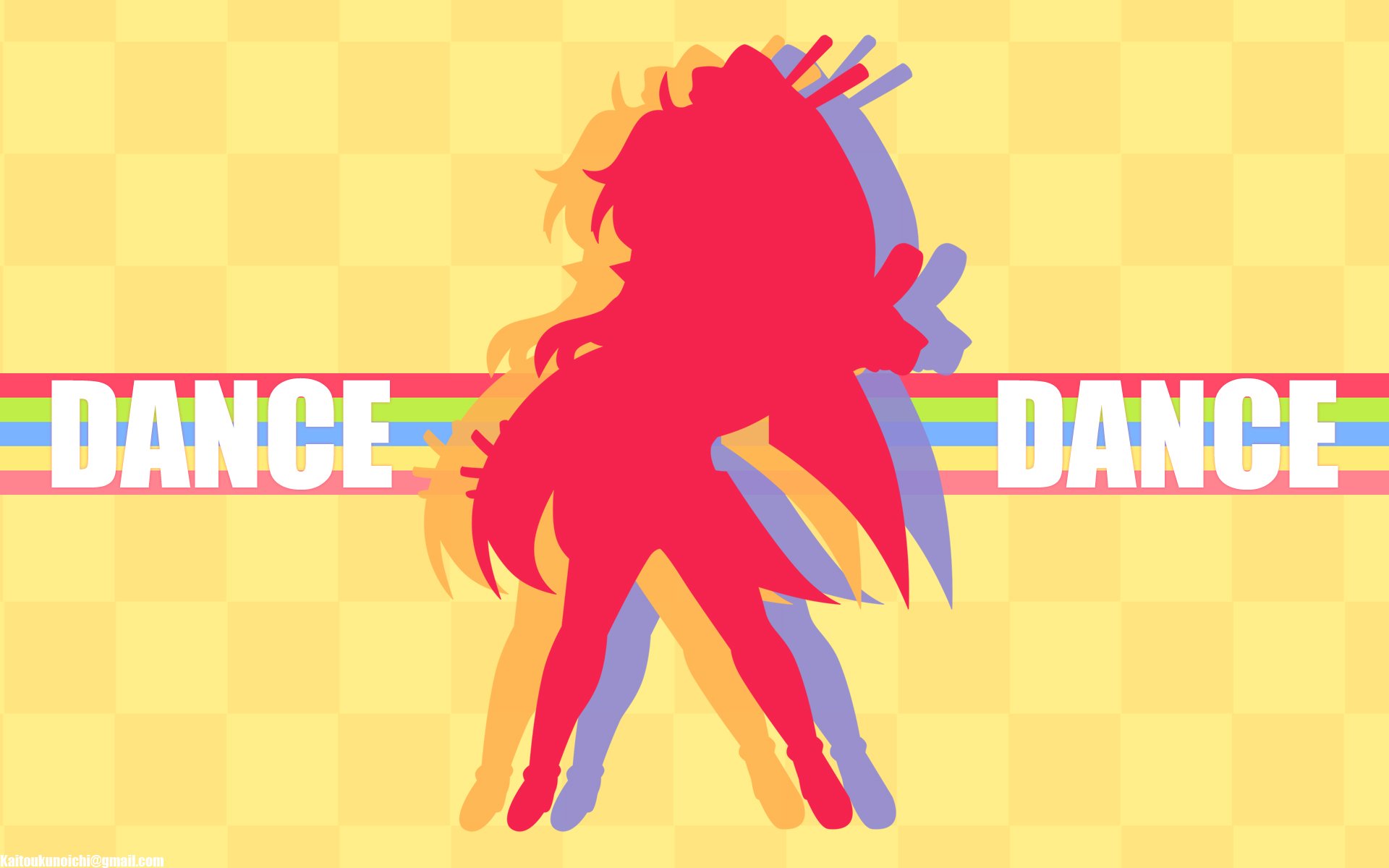 Colorful silhouette of Yoko Littner from Tengen Toppa Gurren Lagann dancing over rainbow stripes with DANCE DANCE text on a yellow checkerboard HD PC desktop wallpaper