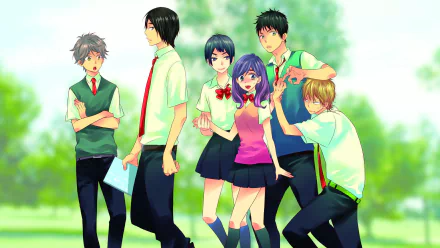 HD anime wallpaper featuring Hayato Shinomiya, Asuma Mutsumi, Nozomu Nanashima, Yuusuke Igarashi, Shima Nishina, and Kae Serinuma from Kiss Him, Not Me.