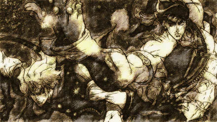 Sepia HD PC desktop wallpaper of Dio Brando and Jonathan Joestar clashing in a dynamic anime battle from JoJo's Bizarre Adventure.