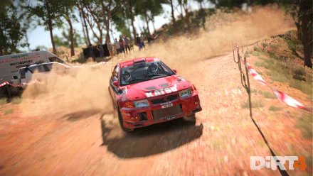 HD desktop wallpaper from Dirt 4 showing a rally car racing on a dusty track with spectators in the background.