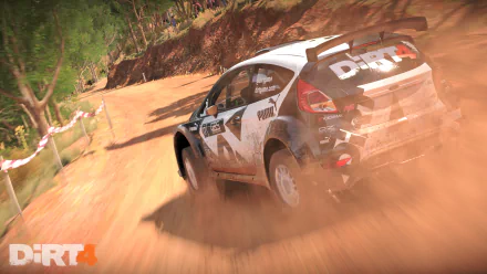 HD desktop wallpaper of Dirt 4 featuring a rally car drifting on a dirt track, with the game's logo visible on the vehicle.