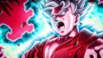 HD desktop wallpaper featuring Goku from Dragon Ball Super, depicted in a powerful and intense moment with vibrant colors and dynamic effects.