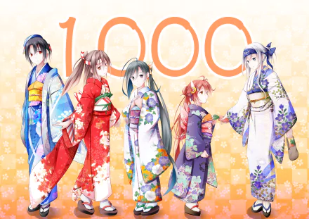 2K Quad HD Kantai Collection anime wallpaper: Zuihou, Uzuki, Takao, Kamoi and Kiyoshimo in colorful floral kimonos standing before a large 1000 on a warm patterned background.