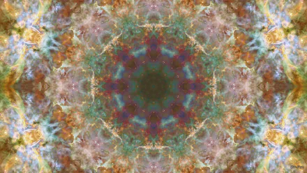 HD PC desktop wallpaper featuring an abstract mandala pattern with brown and yellow hues, blending cosmic and space-inspired textures in a symmetrical design.