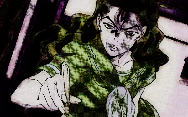 HD PC desktop wallpaper and background of Yukako Yamagishi from JoJo's Bizarre Adventure — anime portrait with intense gaze, green school uniform, holding a hairpin.
