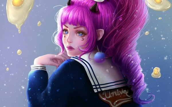 Fantasy Women Horns Tears Purple Hair Fried Egg Long Hair Blue Eyes HD Wallpaper | Background Image