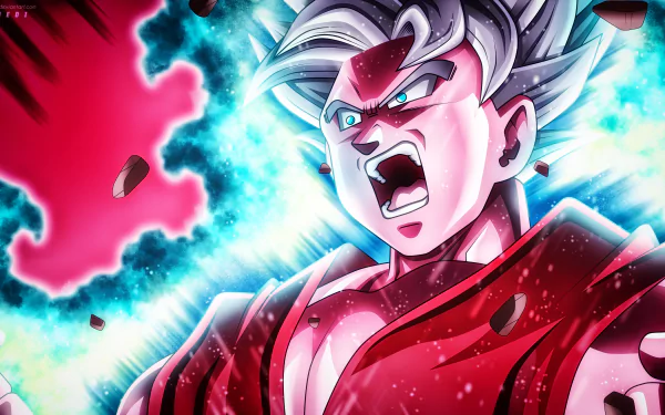 HD desktop wallpaper featuring Goku from Dragon Ball Super, depicted in a powerful and intense moment with vibrant colors and dynamic effects.