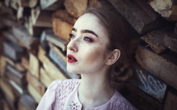 Women Model Lipstick Face Blue Eyes Brunette Freckles HD Wallpaper | Background Image