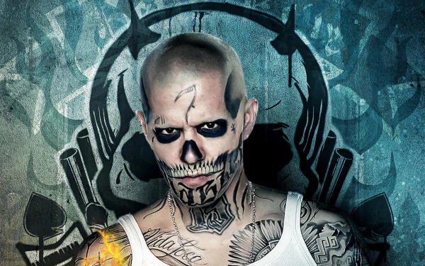 HD desktop wallpaper of El Diablo from DC Comics' Suicide Squad, featuring fiery tattoos and a skull-like face paint against a dark, stylized background.