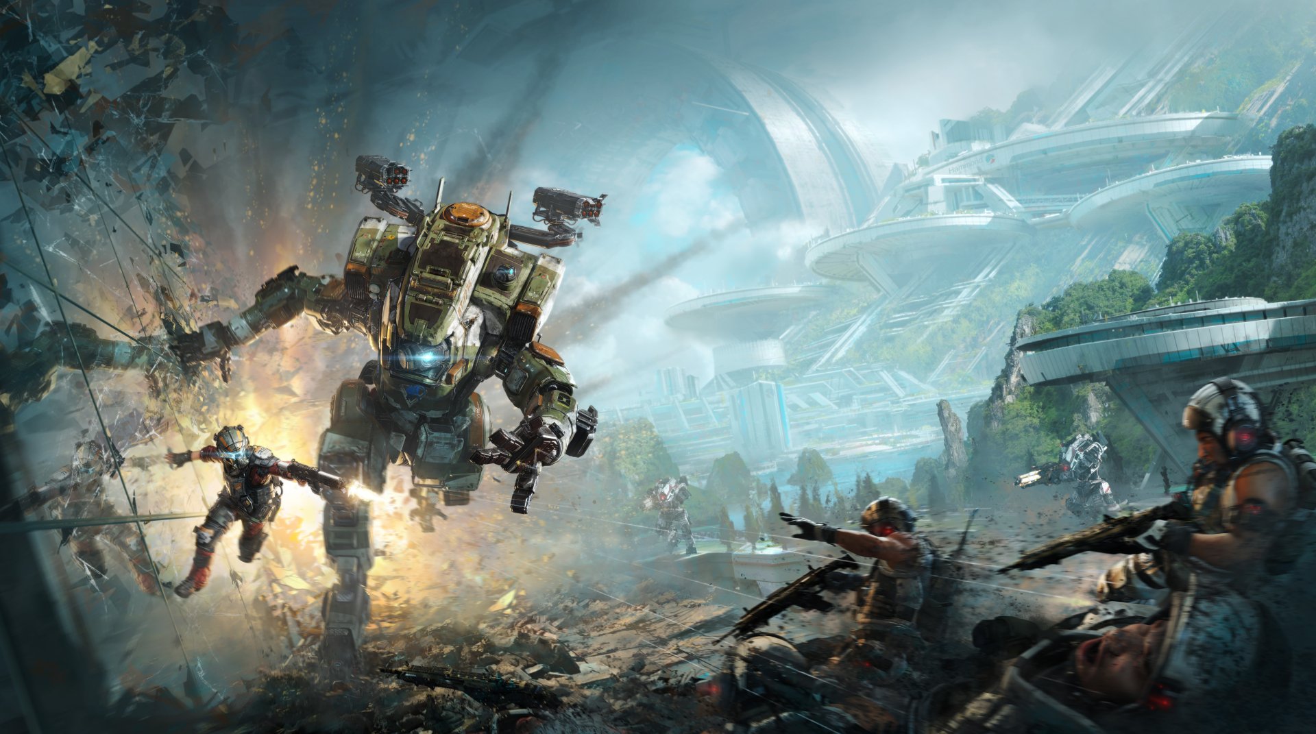 An intense battle scene from Titanfall 2, featuring soldiers and a towering robot in a futuristic setting, captured in a high-definition desktop wallpaper background.