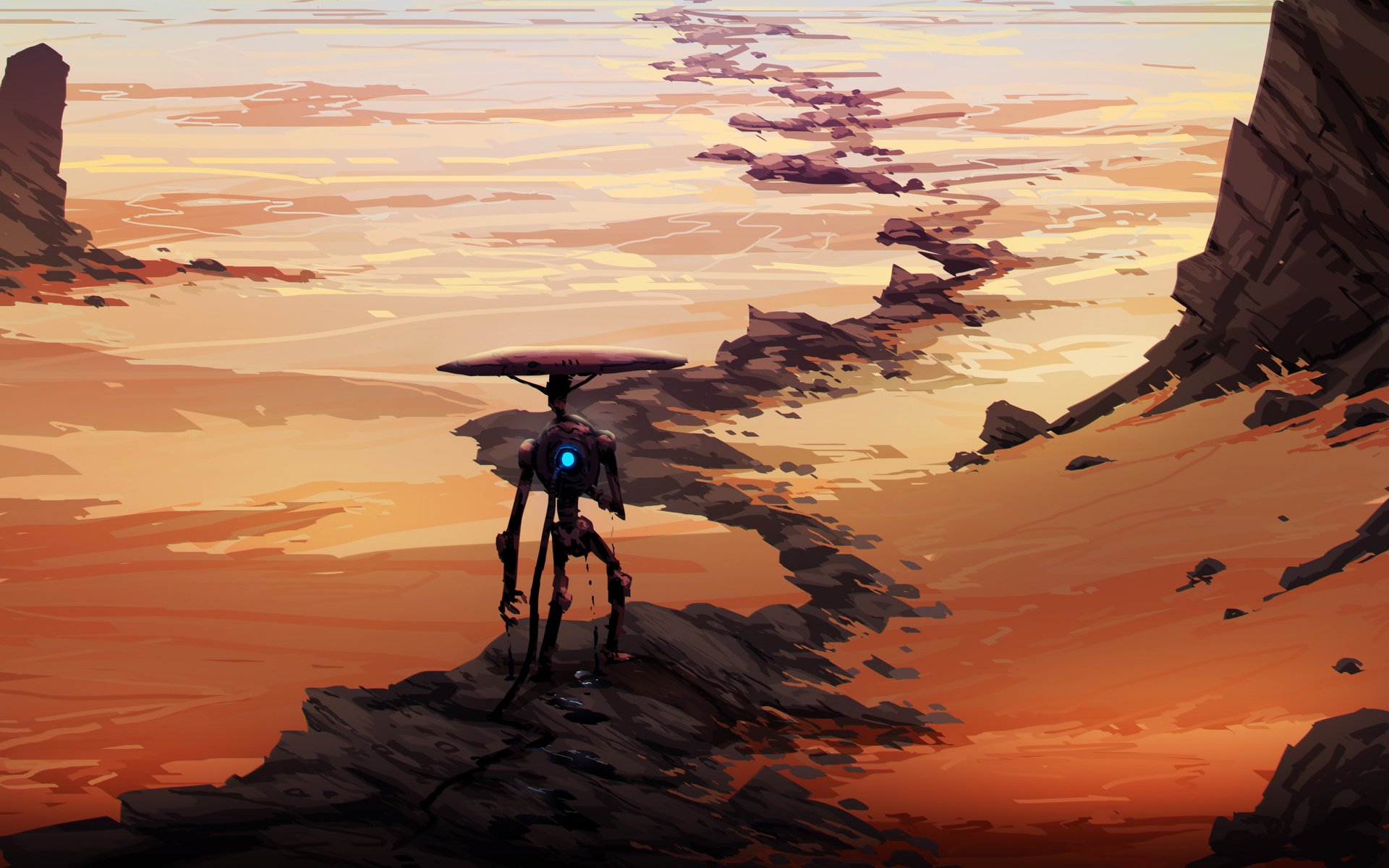 Sci-fi desert landscape: a lone robot stands on a rocky path overlooking a vast orange wasteland — HD PC desktop wallpaper/background.