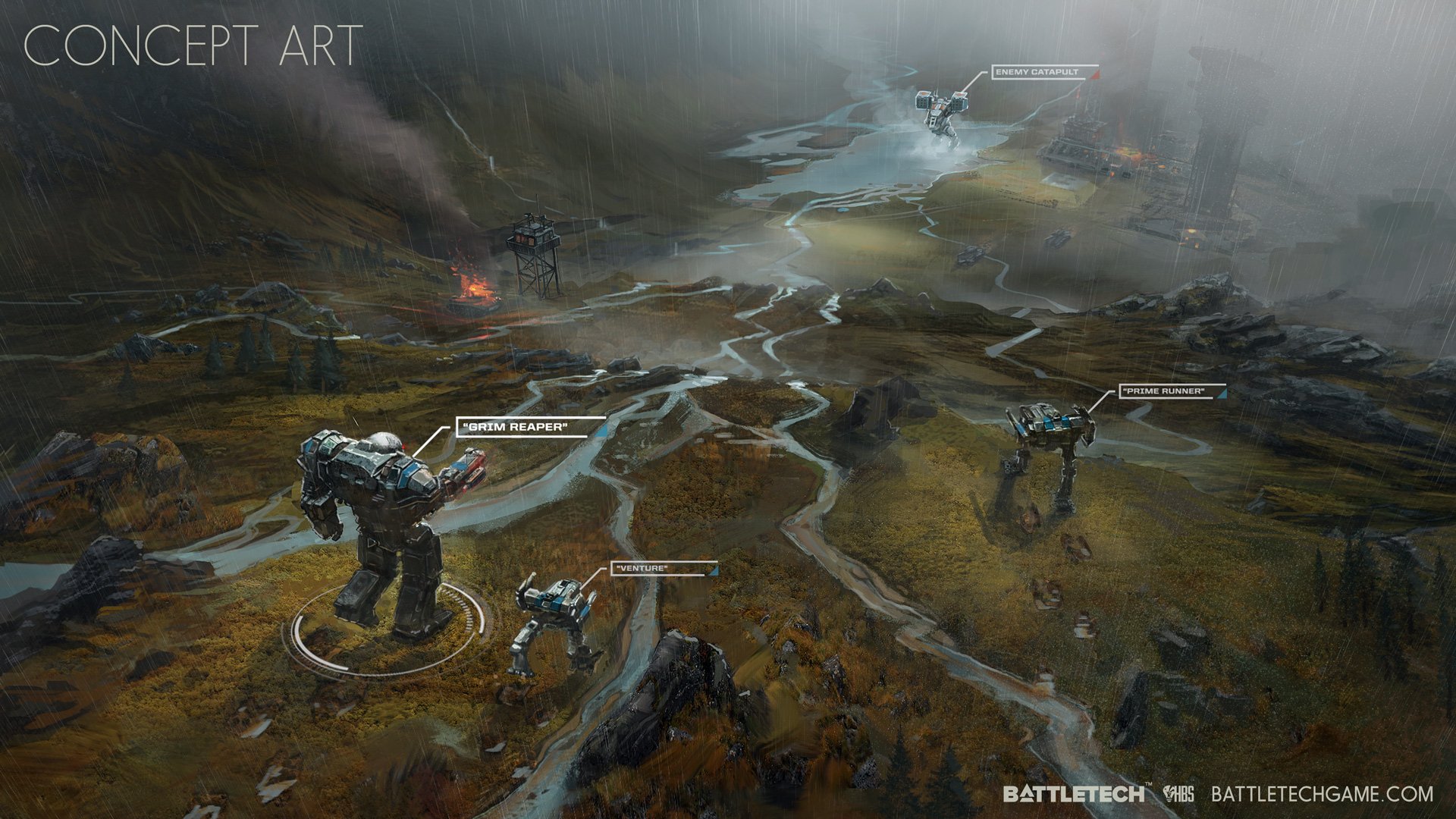 HD desktop wallpaper featuring Battletech concept art with mechs on a rugged battlefield.