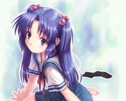 Kotomi Ichinose from Clannad in a sailor school uniform, long purple hair with a cherry hairpin, seated against a soft pastel blurred backdrop — HD PC desktop wallpaper and background.