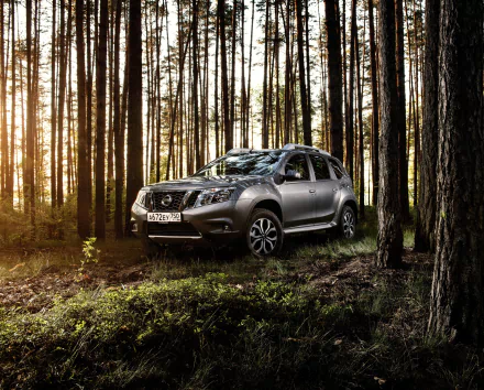 Silver Nissan Terrano SUV parked in a sunlit pine forest on mossy ground with rays of light — 4K Ultra HD PC desktop wallpaper and background.