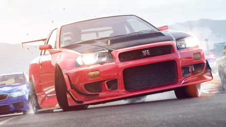 HD PC desktop wallpaper: Need for Speed Payback racing scene with a red drifting sports car charging forward, motion blur and rival cars in the background.