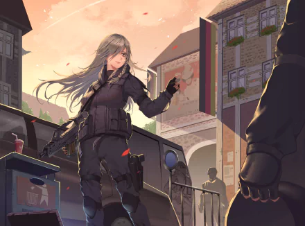HD PC desktop wallpaper of G36C from the video game Girls Frontline, depicting her in tactical gear standing in an urban setting with soft lighting.