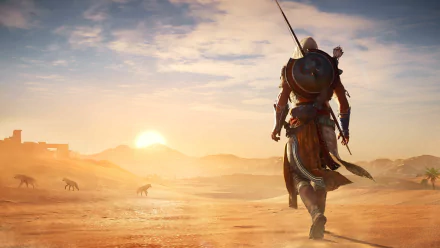 HD desktop wallpaper featuring Bayek of Siwa from Assassin's Creed Origins, walking through a sunlit desert landscape with distant animals.
