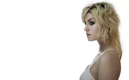 HD desktop wallpaper featuring Elisha Cuthbert in profile, showcasing her stylish blonde hair and captivating expression against a minimalist background.