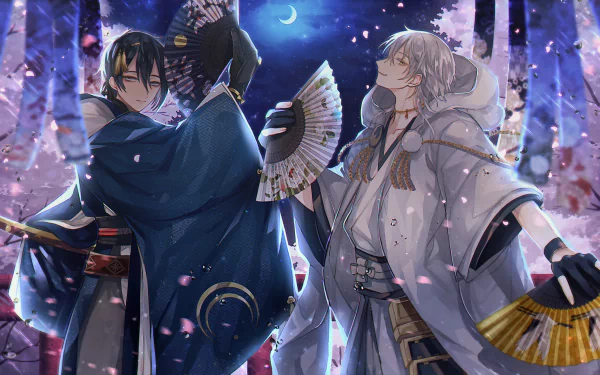 HD anime desktop wallpaper featuring Tsurumaru Kuninaga and Mikazuki Munechika from Touken Ranbu in a serene, moonlit forest with falling cherry blossoms.