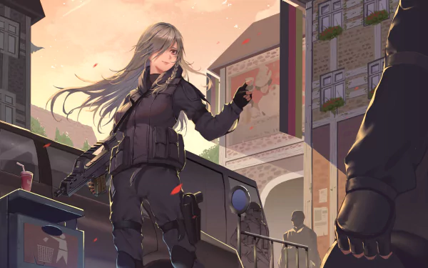 HD PC desktop wallpaper of G36C from the video game Girls Frontline, depicting her in tactical gear standing in an urban setting with soft lighting.