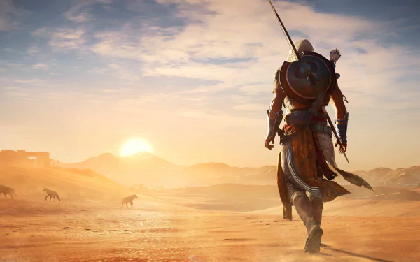 HD desktop wallpaper featuring Bayek of Siwa from Assassin's Creed Origins, walking through a sunlit desert landscape with distant animals.