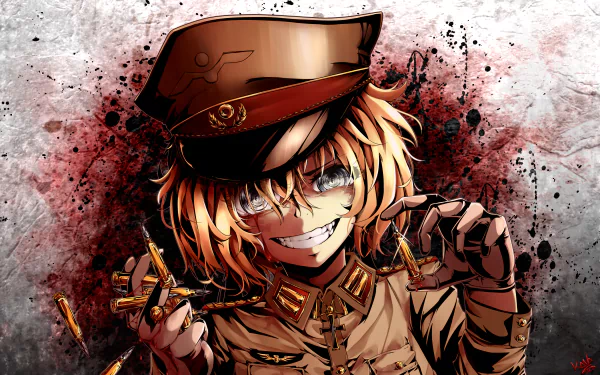 HD desktop wallpaper of Tanya Degurechaff from the anime Youjo Senki, showcasing a detailed artistic depiction with her in military attire against a gritty background.
