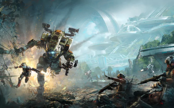 An intense battle scene from Titanfall 2, featuring soldiers and a towering robot in a futuristic setting, captured in a high-definition desktop wallpaper background.