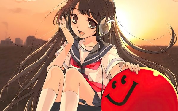 Anime Headphones Long Hair Black Hair HD Wallpaper | Background Image